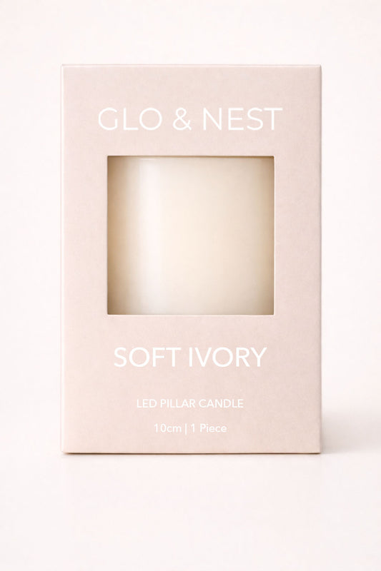 GLO & NEST LED Pillar Candle 10cm – Soft Ivory
