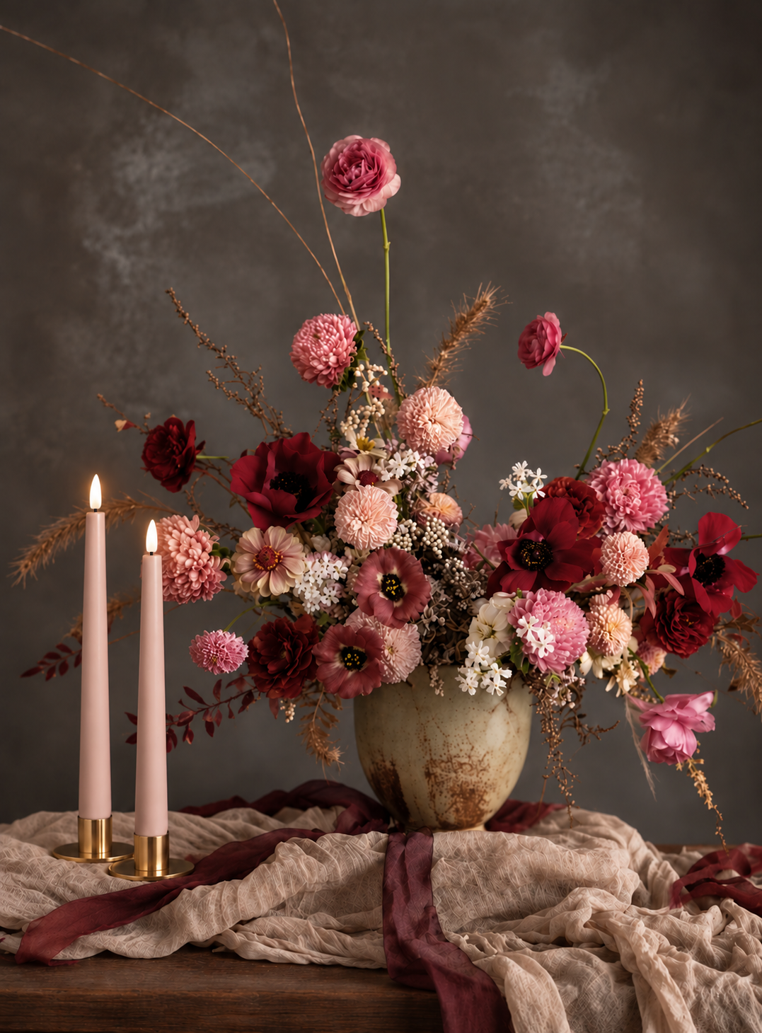 Powder Rose LED taper candles lit in a dried flower centrepiece on a dinner table – Glo & Nest