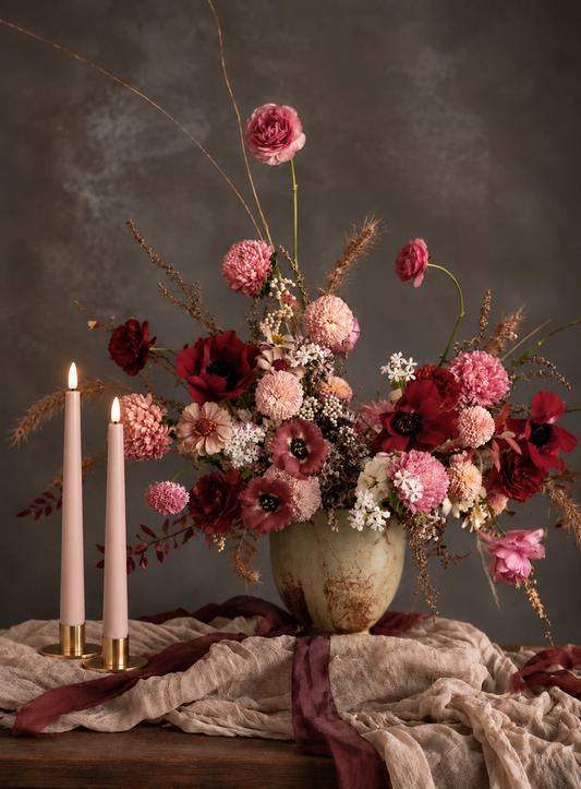 Powder Rose LED taper candles lit in a dried flower centrepiece on a dinner table – Glo & Nest