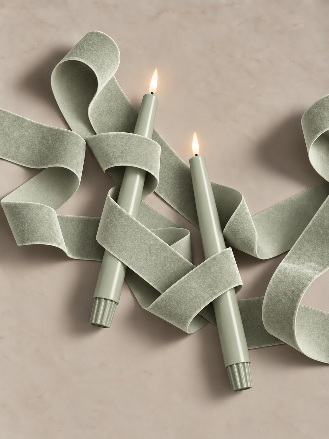 Two Sage Whisper LED taper candles wrapped in sage green velvet ribbon – Glo & Nest