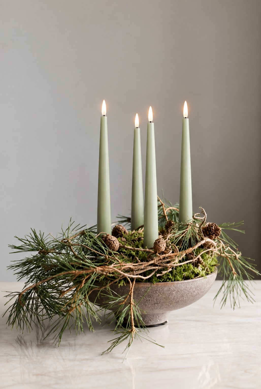 Sage Whisper LED taper candles lit in a bowl of pine, moss and pinecones – Glo & Nest