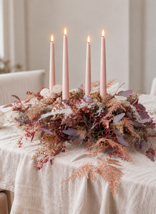 Powder Rose LED taper candles lit in a dried flower centrepiece on a dinner table – Glo & Nest