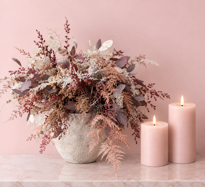 Powder Rose LED Pillar Candle Set with Remote